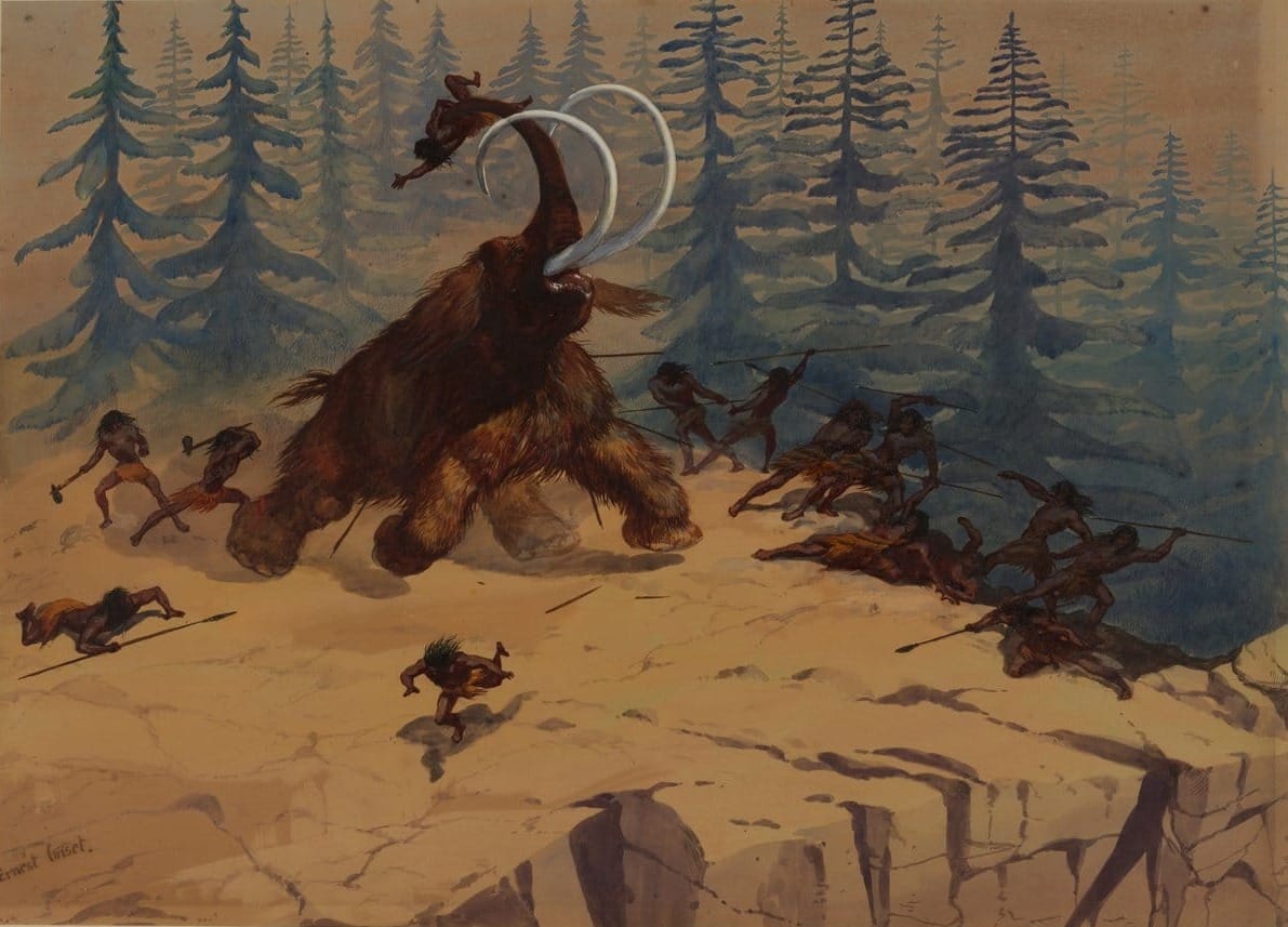 An image of ancient humans hunting down a giant mammoth. The Mammoth Hunters painting by Ernest Griset (c.1860s)