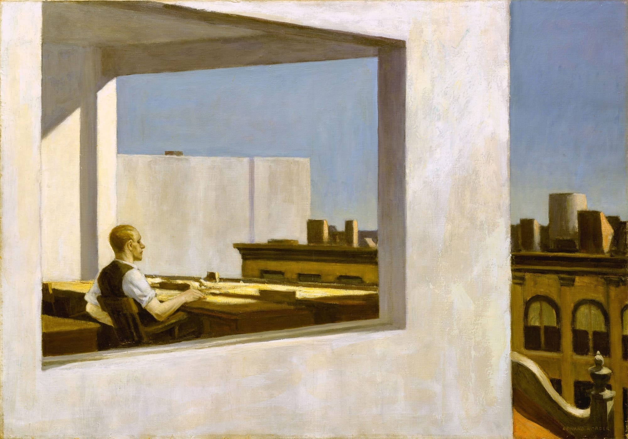 A lonely man sitting in an empty office, looking outside. Office in a Small City painting by Edward Hopper (1953)